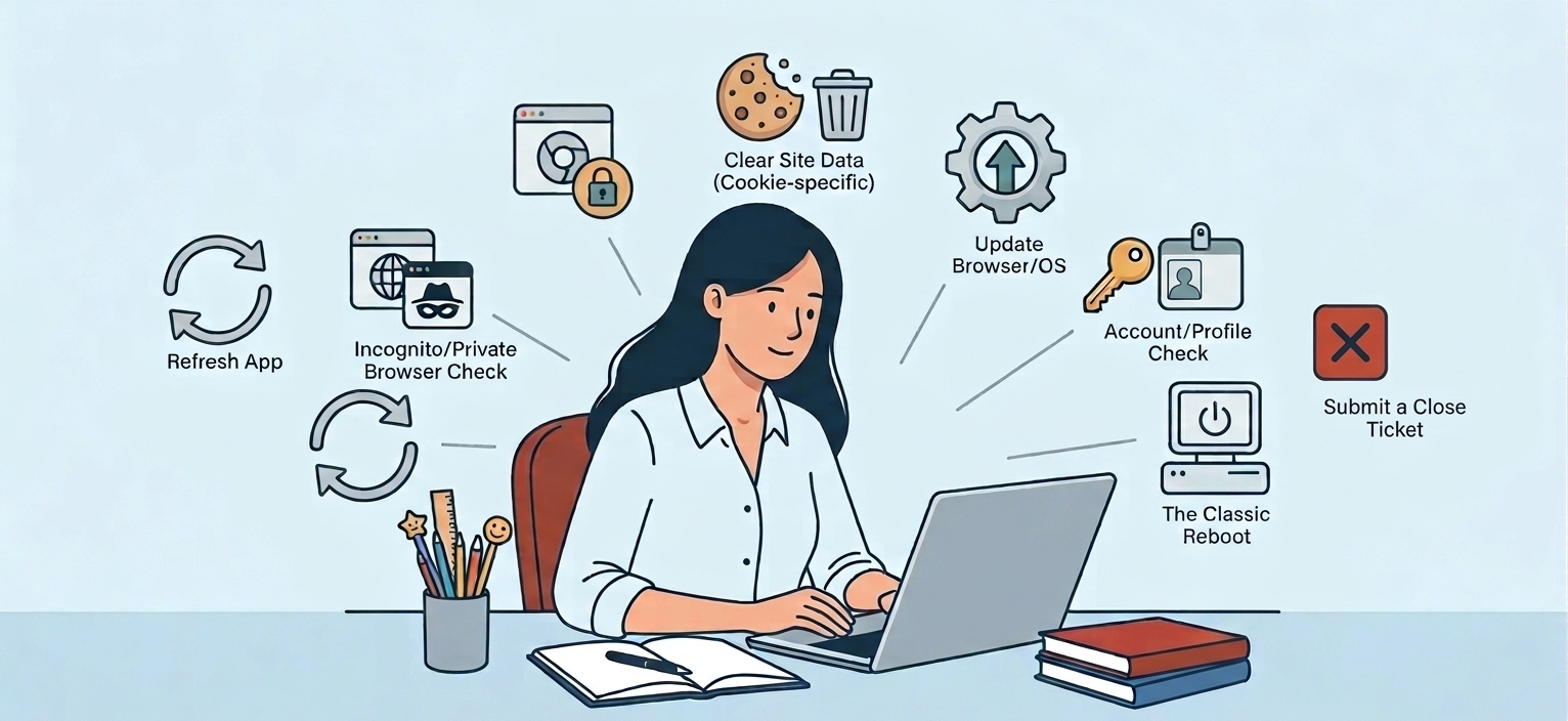 Illustration of the seven tech troubleshooting steps: refresh, try another browser, clear site data, update the browser and device, check your account, restart, and submit a ticket