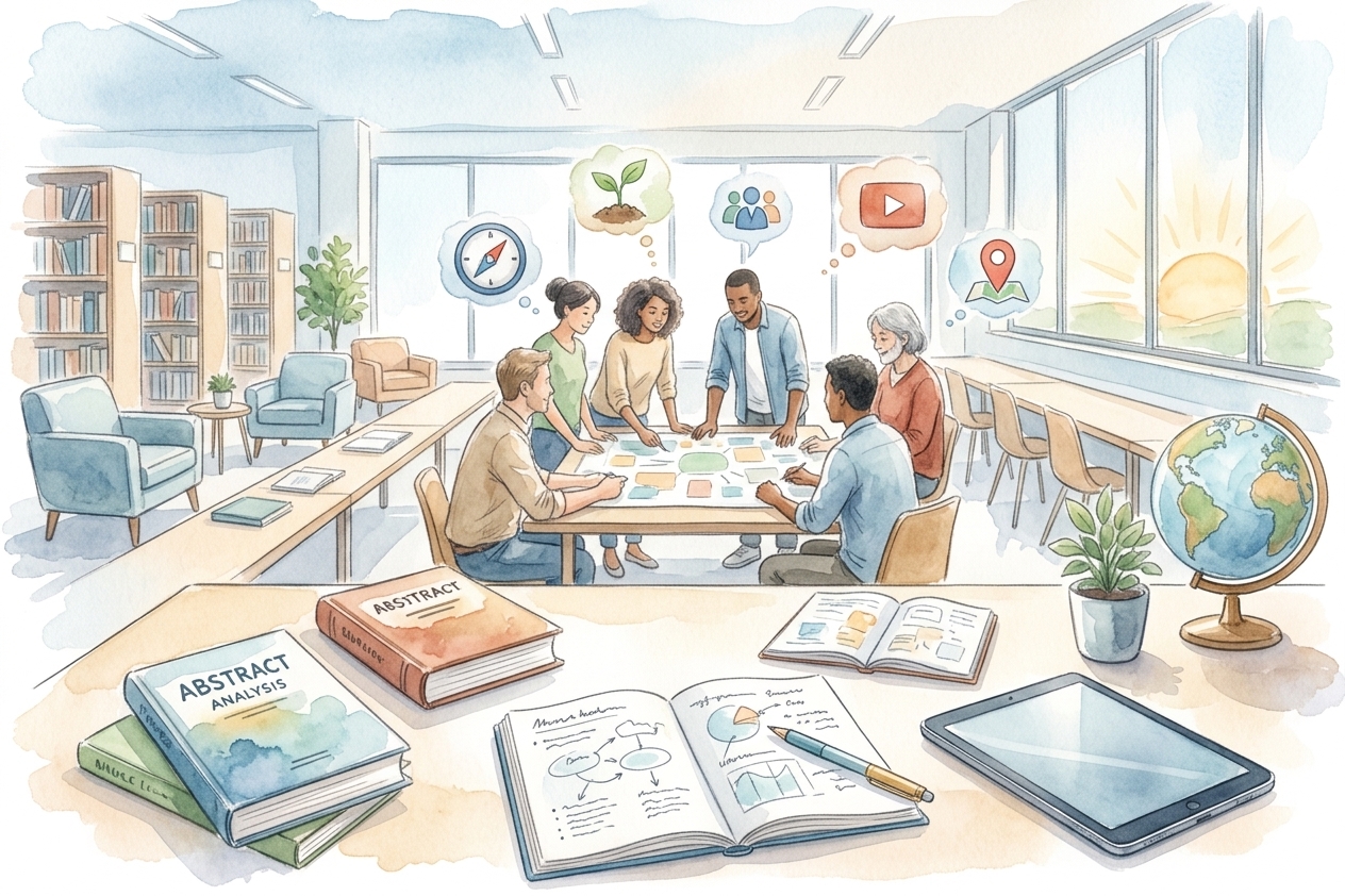 Watercolor illustration of teachers planning together in a bright learning space