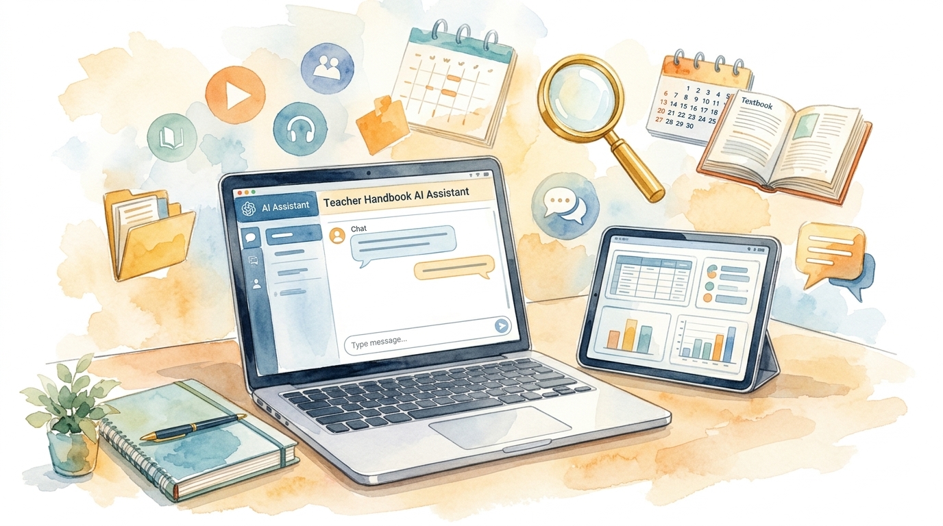 Watercolor illustration of the Teacher Handbook AI assistant on a laptop