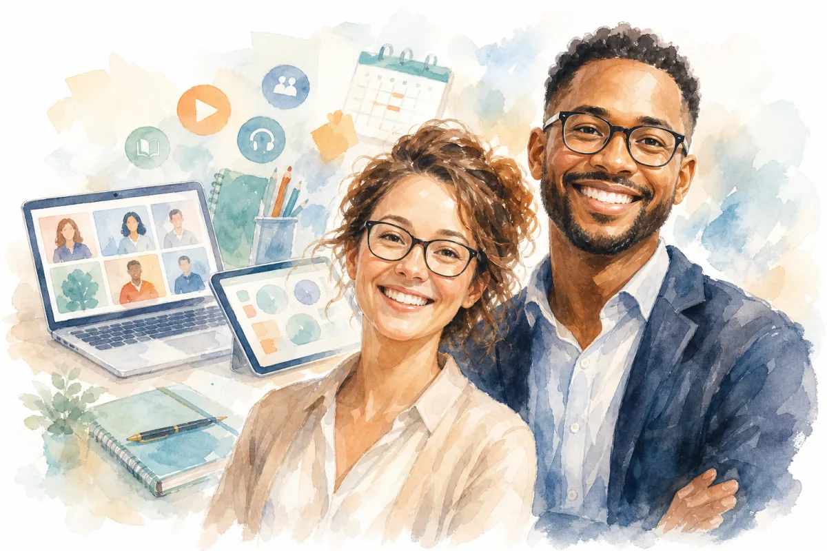 Teacher using virtual classroom technology with students