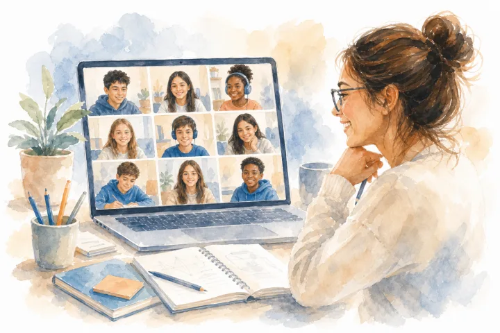A teacher facilitating a small virtual group at Brilliant Microschools