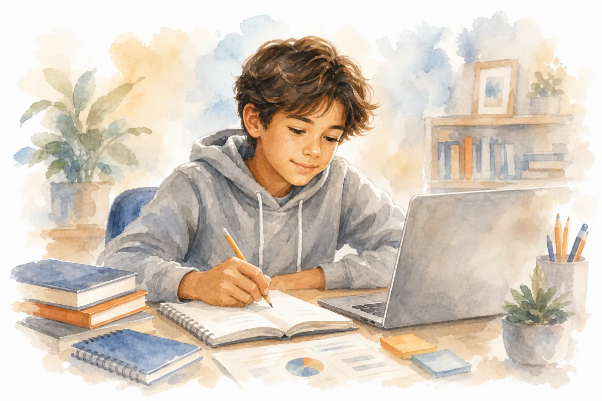 Student working independently with a laptop and notebook
