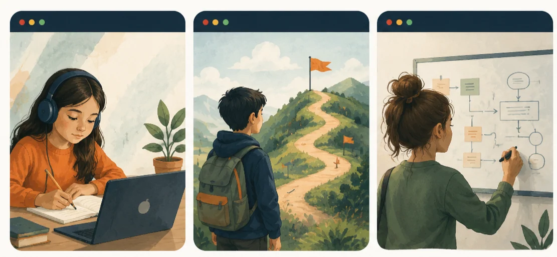 A learner studying, choosing a path toward a goal, and reflecting on the learning process